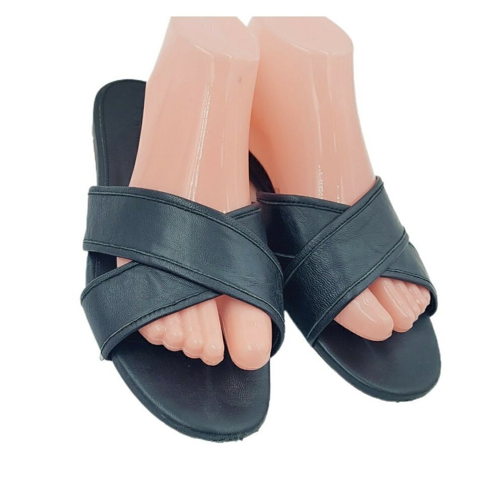 J. Crew Cora Black Leather Two Strap Slide Sandals Size 9